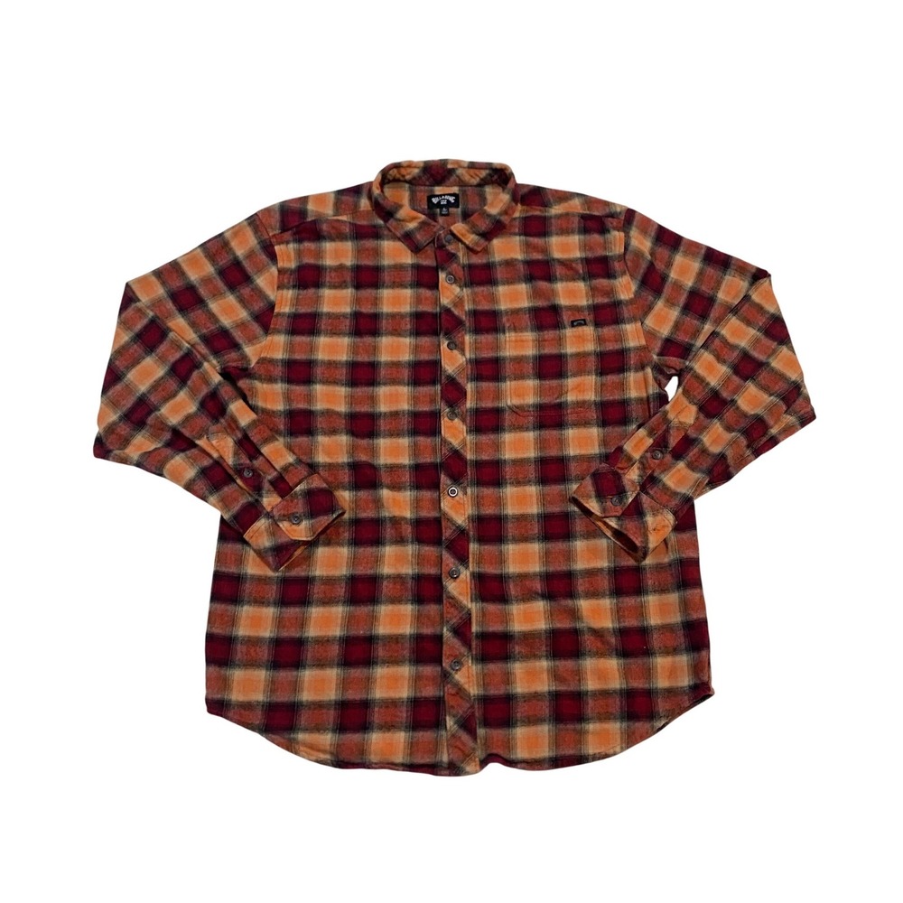 Billabong Mens Orange Red Plaid Flannel Button Down Shirt Skater Large